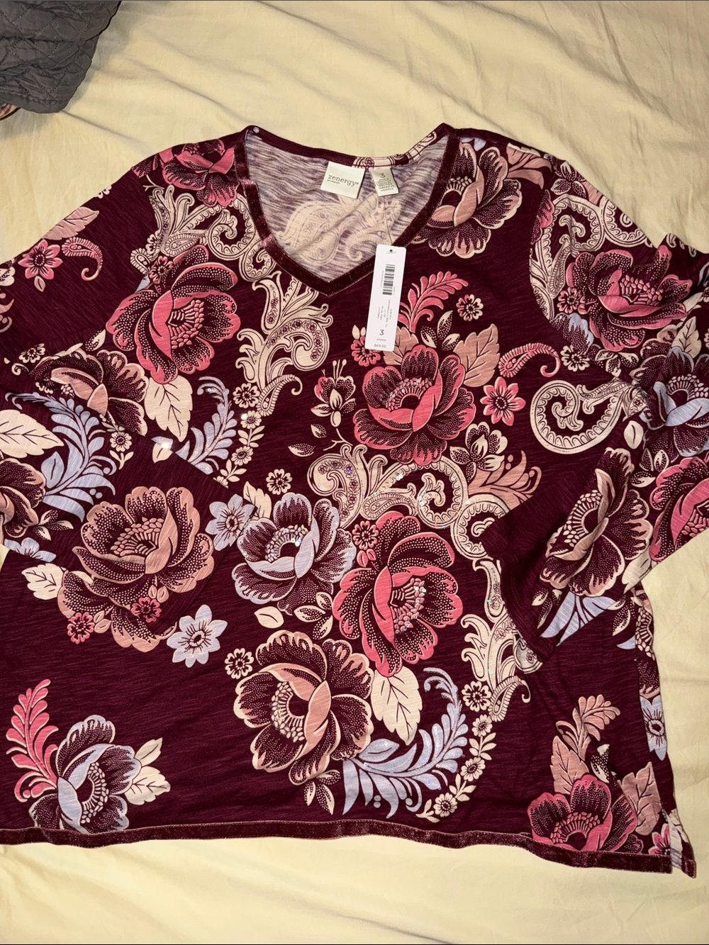 Living Doll Maroon Floral V-Neck Long Sleeve Top